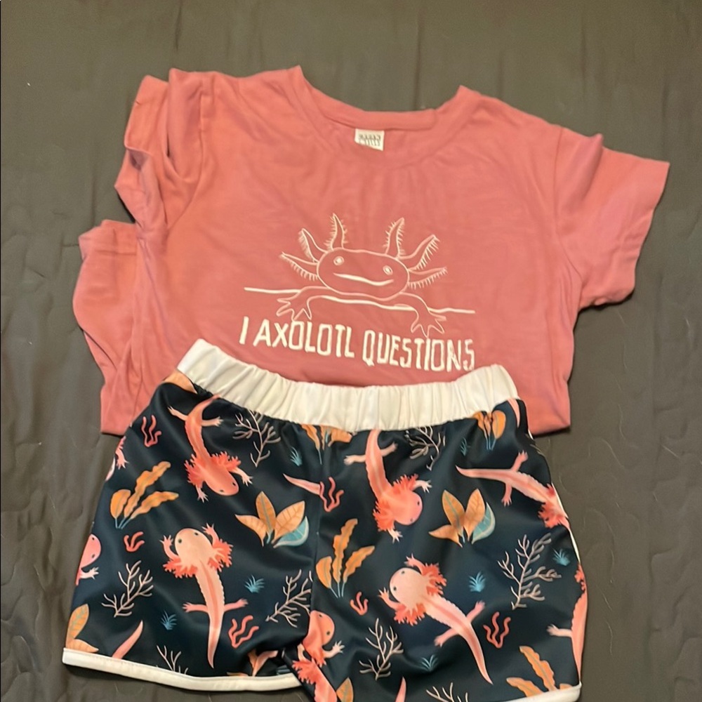 Girls size 12, Pink Axolotl Graphic Tee and Shorts Set